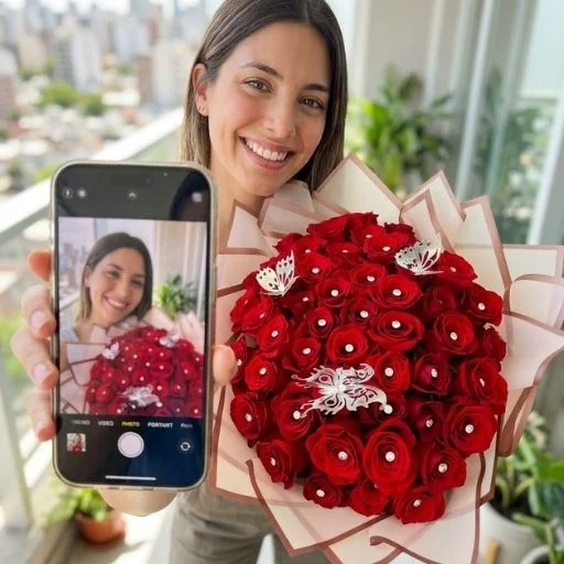 Ramo de 50 rosas rojas importadas con brillantes y papel coreano